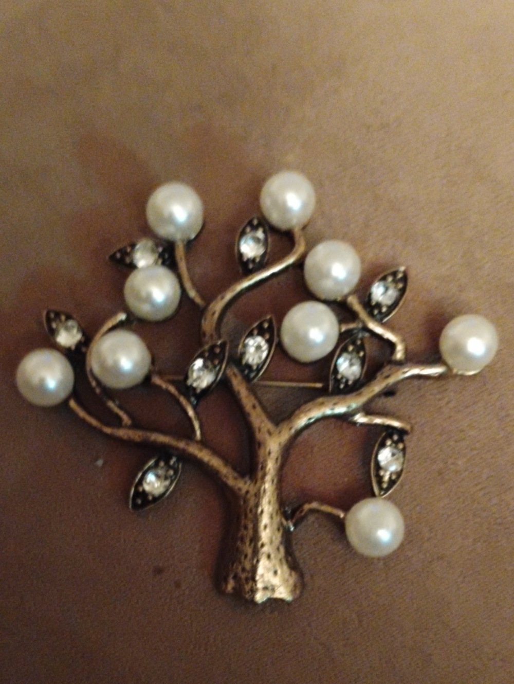 Pearl and Crystal Tree Brooch - Gold Tone